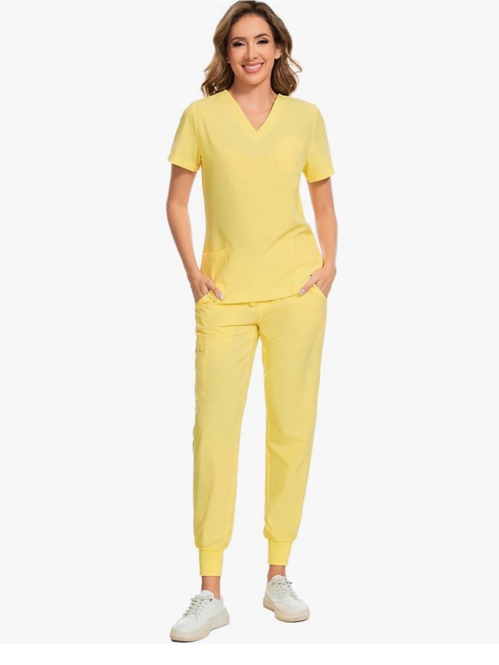 Yellow Women's Scrub Pantsuit with V-Neck Top and Jogger Pants